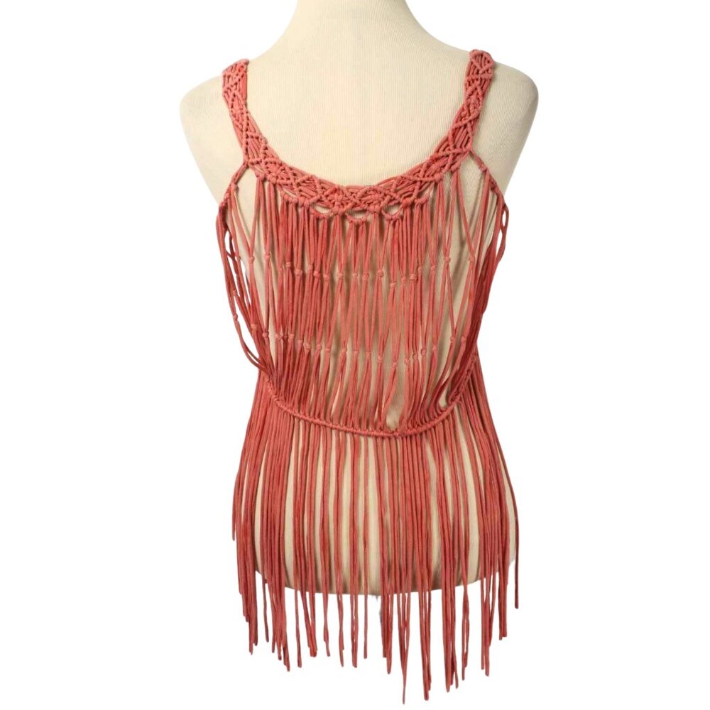 MISS ME Coral Macrame Crochet Fringe Boho Festival Tank Top Size Small - Picture 5 of 8